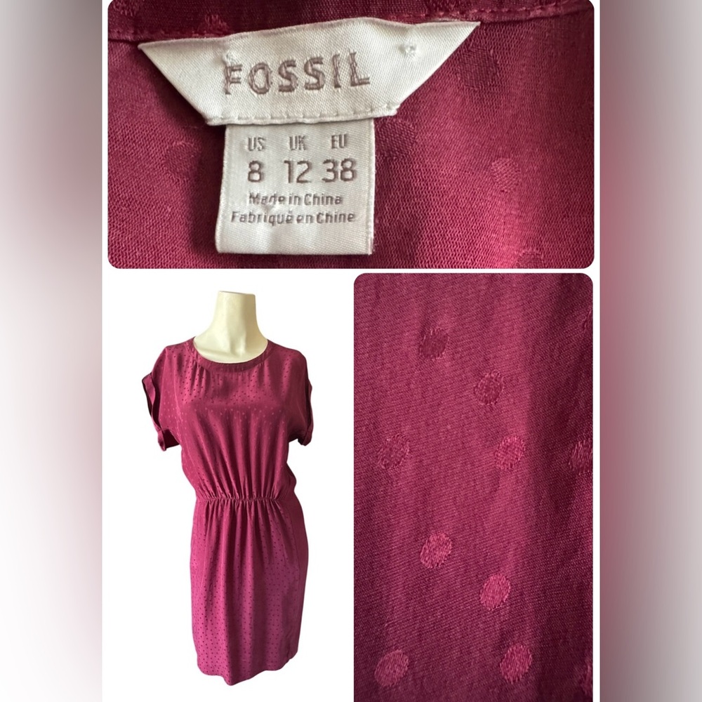 Fossil 100% Silk Dots Dress Cranberry Red Size 8 Cap Sleeve Cinched Waist